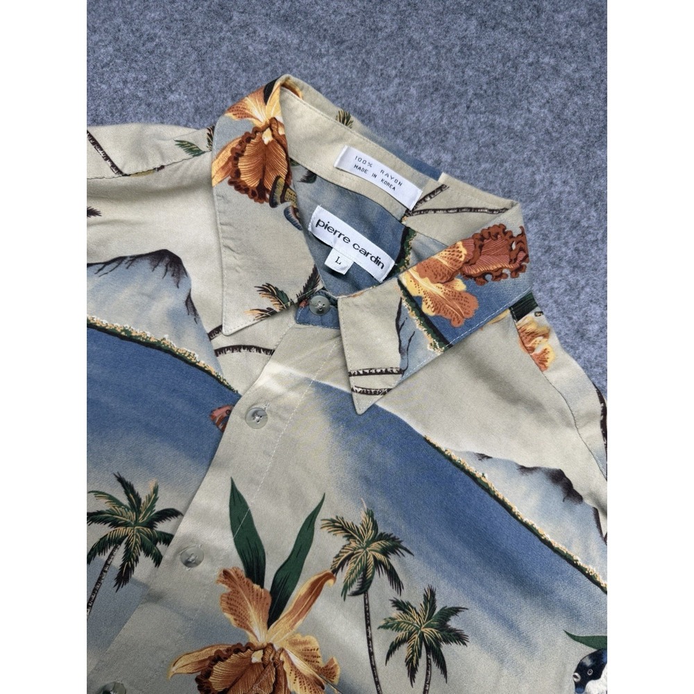 Pierre Cardin Men's Shirt Size L Tropical Palm Hawaiian Aloha Fish/Floral Print